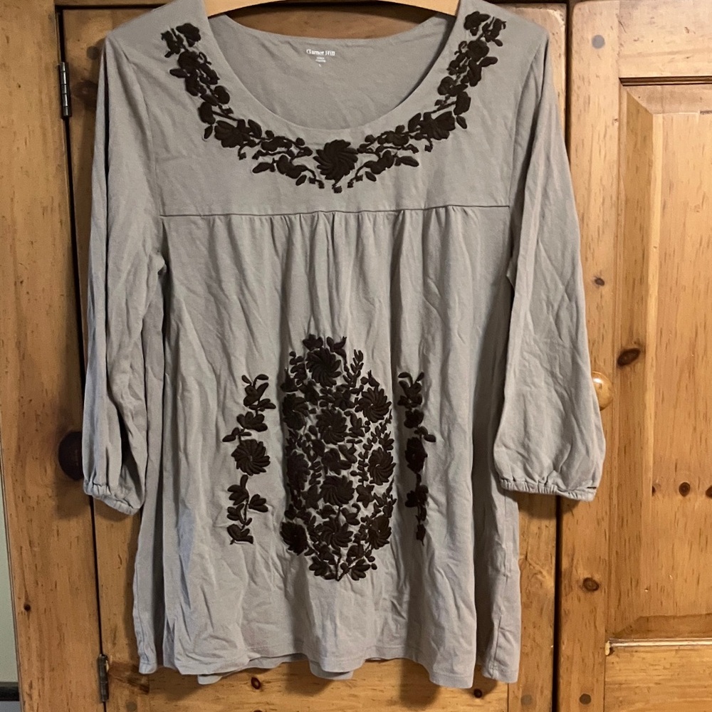 Garnet Hill Taupe Tunic with Dark Brown Embroidery